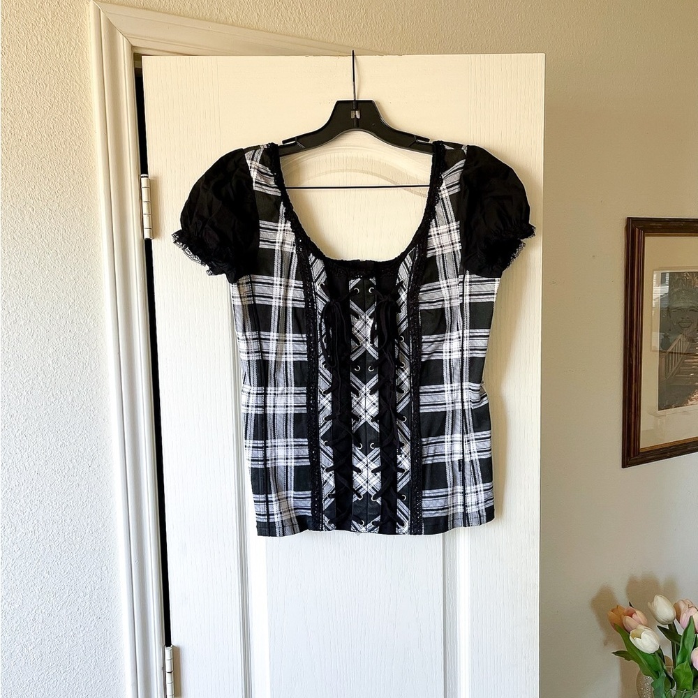 Tripp NYC Plaid Lace-Up Corset Top Cotton Black White Gothic Punk XL EUC